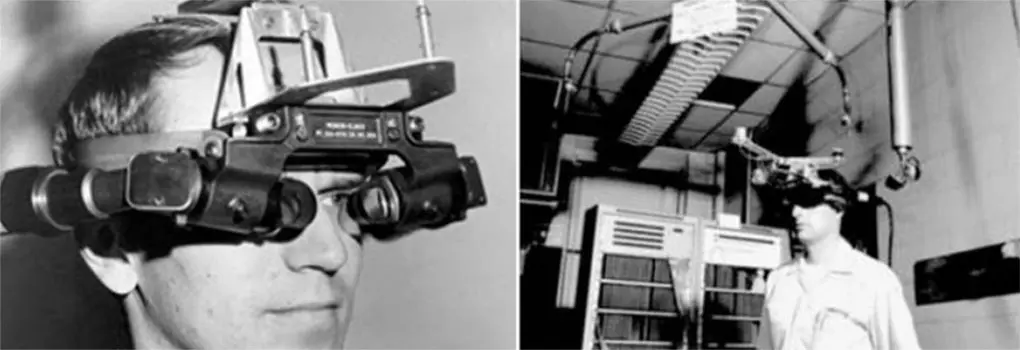 Two images of the 1960s "Sword of Damocles", the first AR headset in the world