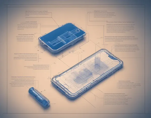 A blueprint of a smartphone showing internal construction details.