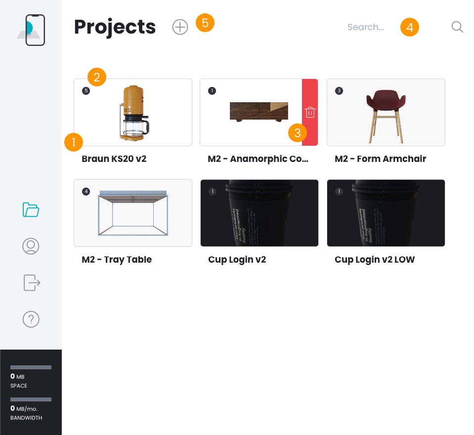 Projects page main actions