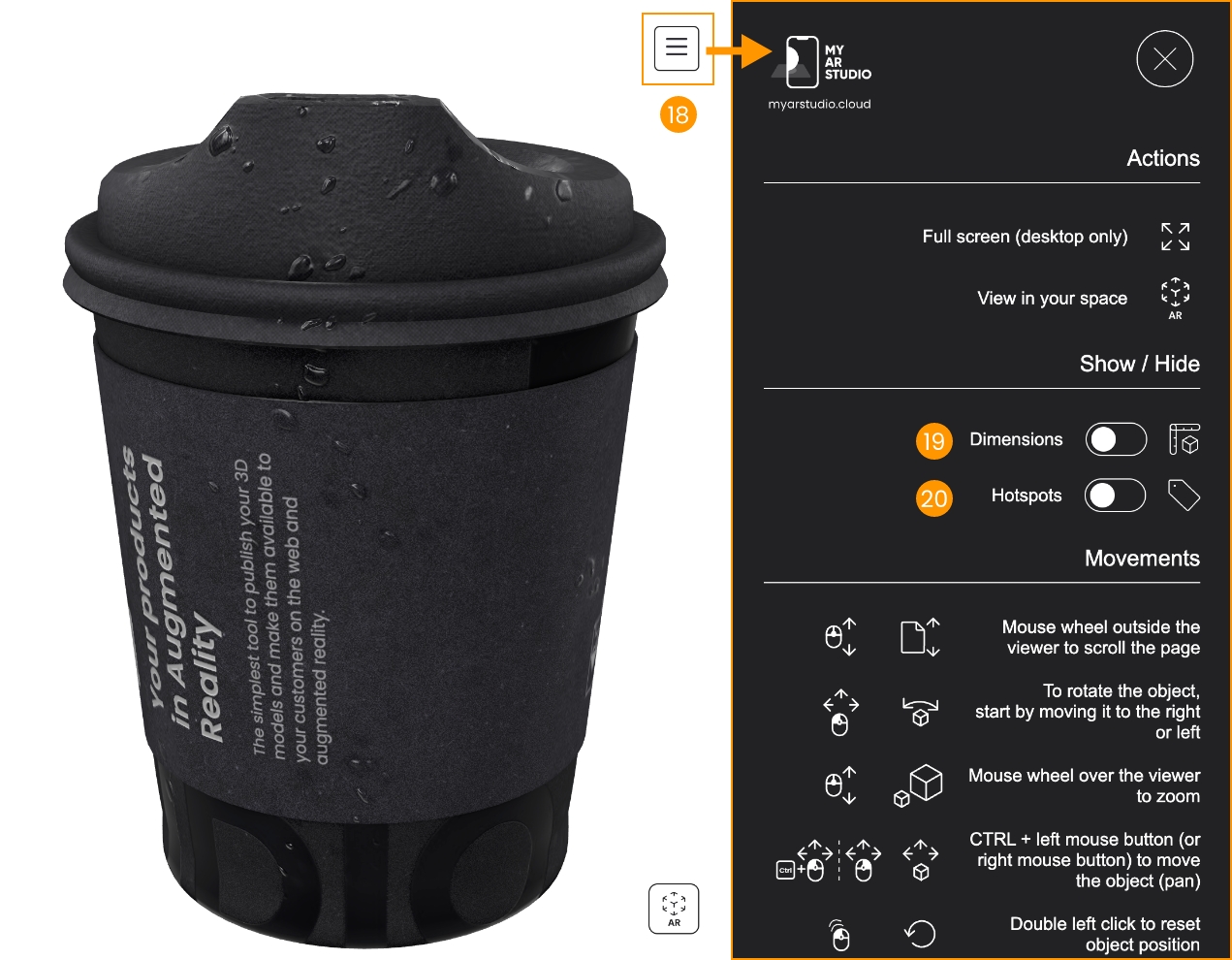 User interface for hotspots and physical dimensions in the Universal Viewer