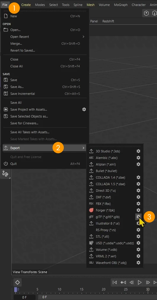 Open the Export Dialog for GLTF/GLB format.