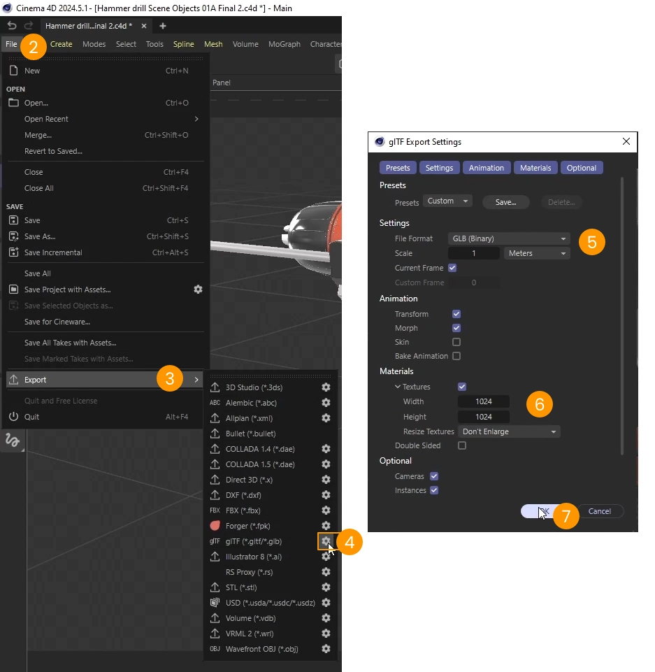 Esportazione della scena da Cinema 4D.