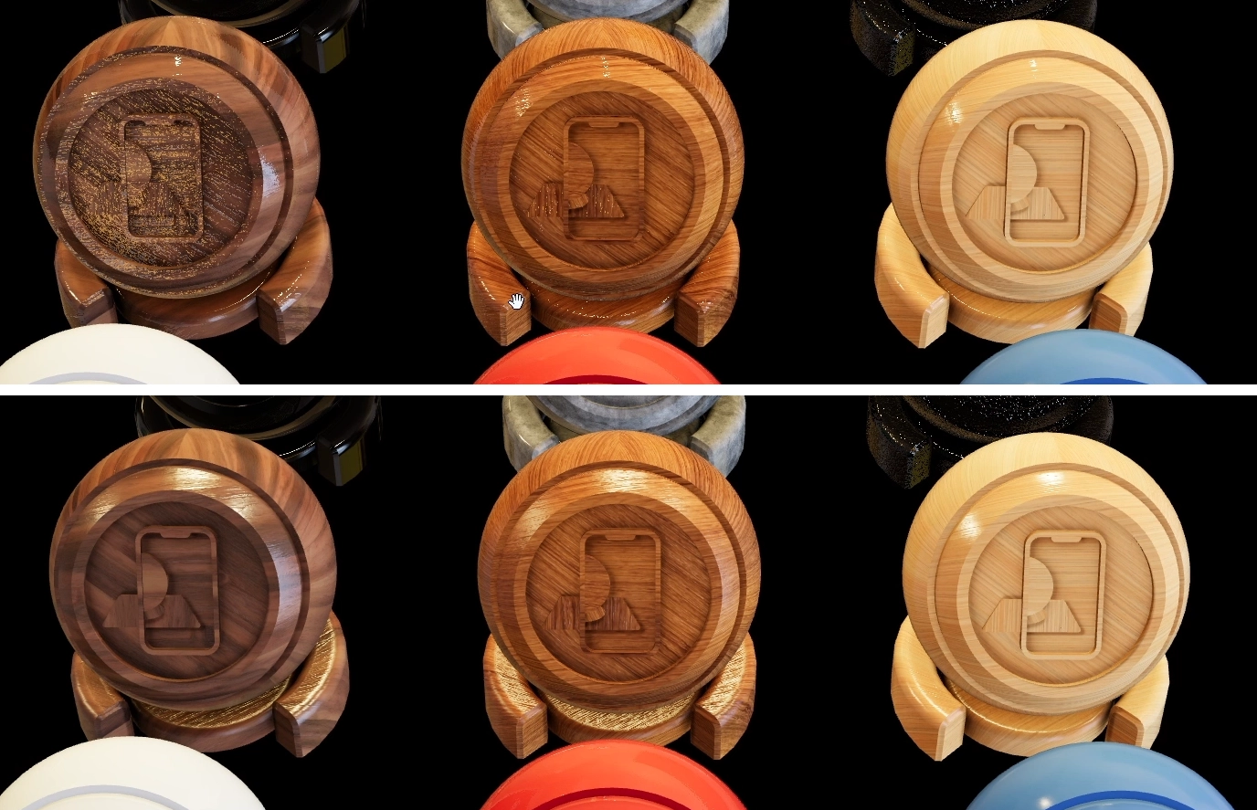 Wood materials with the Cinema 4D exported textures (above) and with the adjusted values (below)