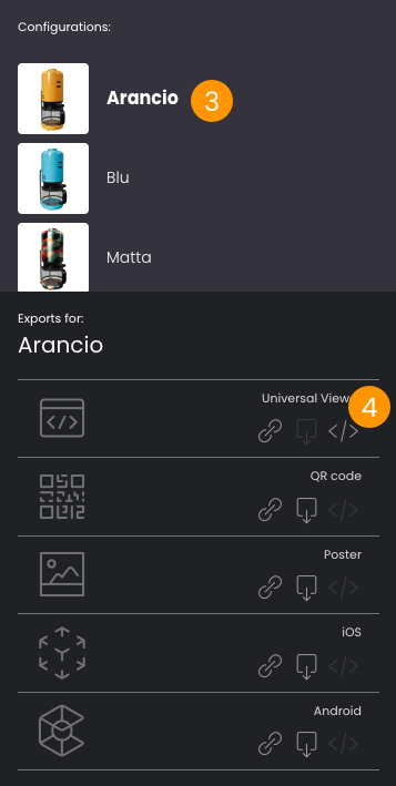 Ottenere il codice del viewer dalla pagina delle configurazioni di prodotto di My AR Studio