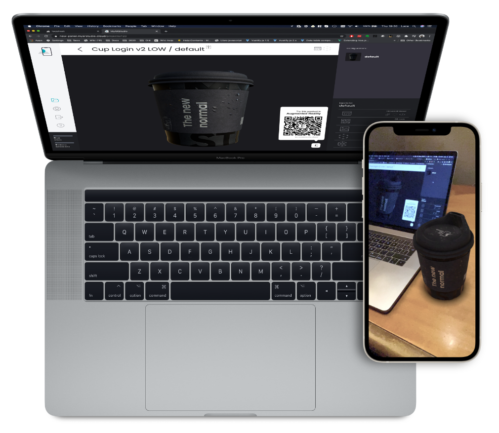 Il medesimo oggetto 3D visualizzato all'interno di MyARStudio su un MacBook e in Realtà Aumentata su un iPhone
