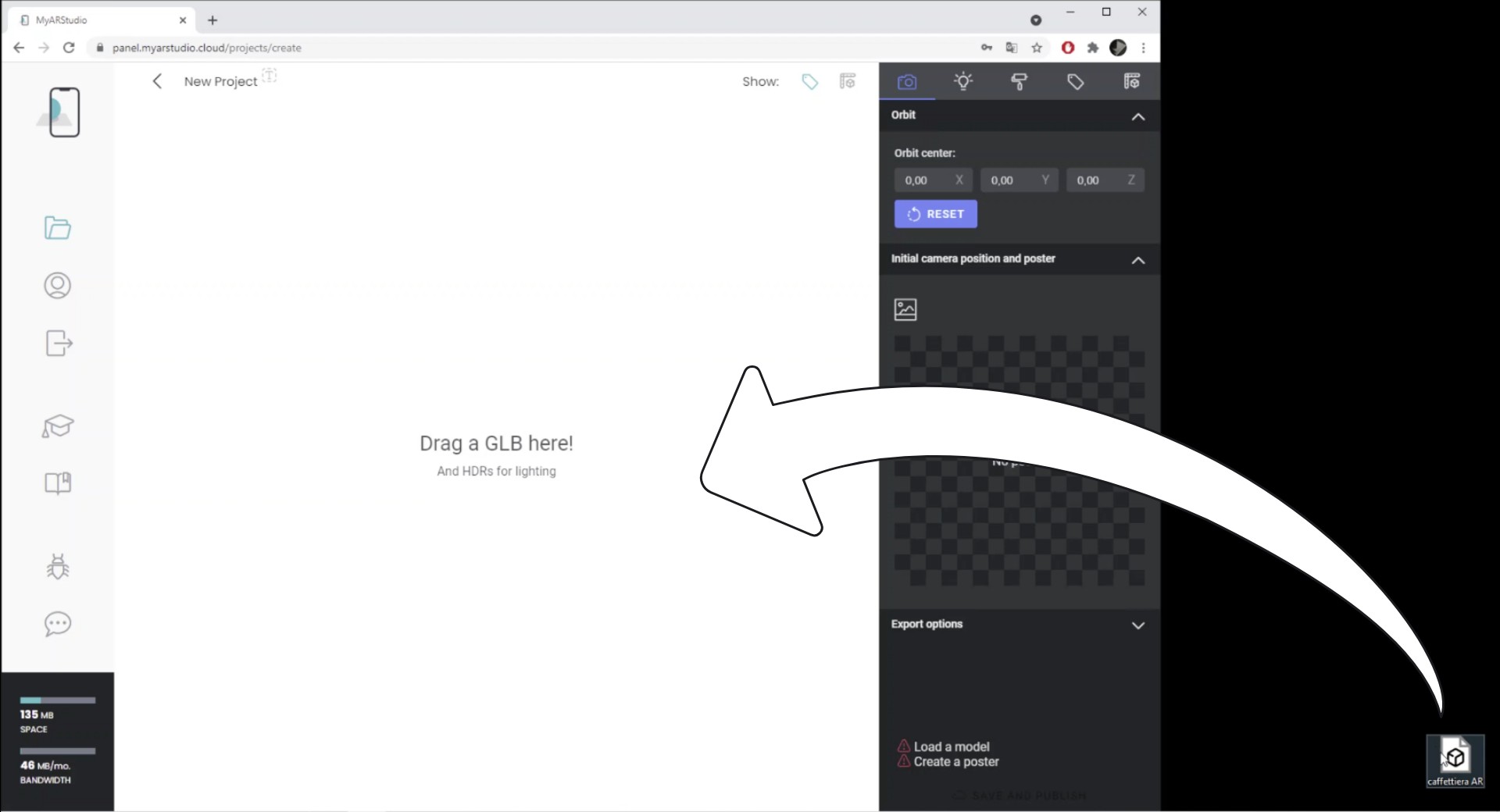 Trascinare il glb dentro My AR Studio per importarlo