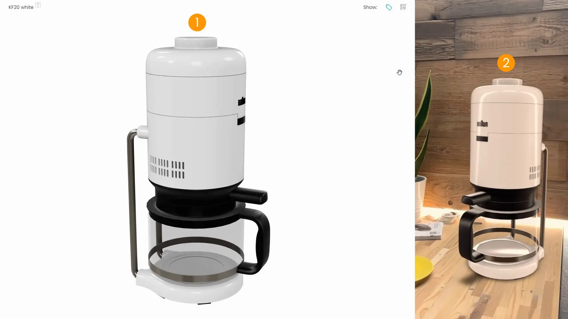 Comparative illumination of the 3D model of a coffee maker with an HDR image and live during an Augmented Reality session